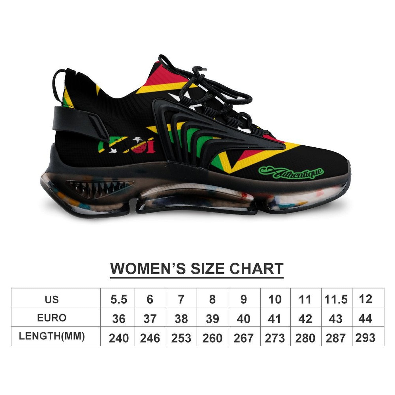 Black sneaker with colourful design on a white background, featuring a size chart below.