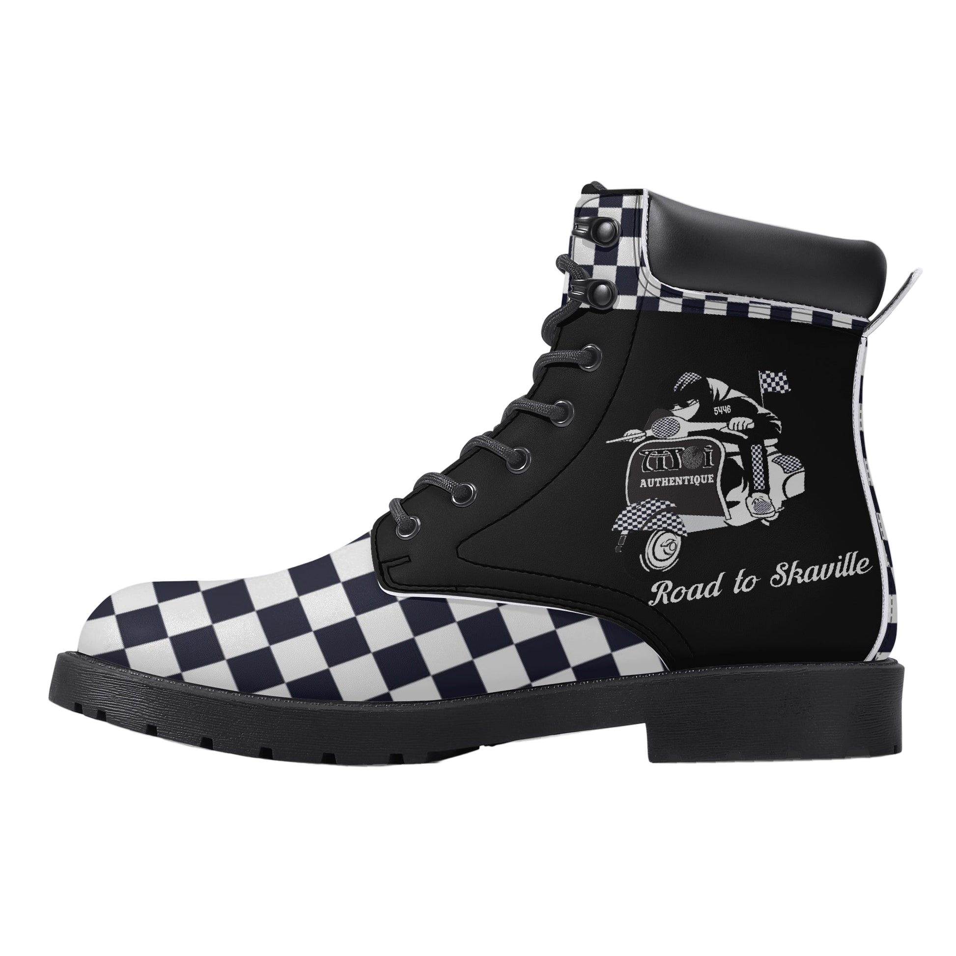 Black and white checkered high-top shoes with a graphic design on a white background