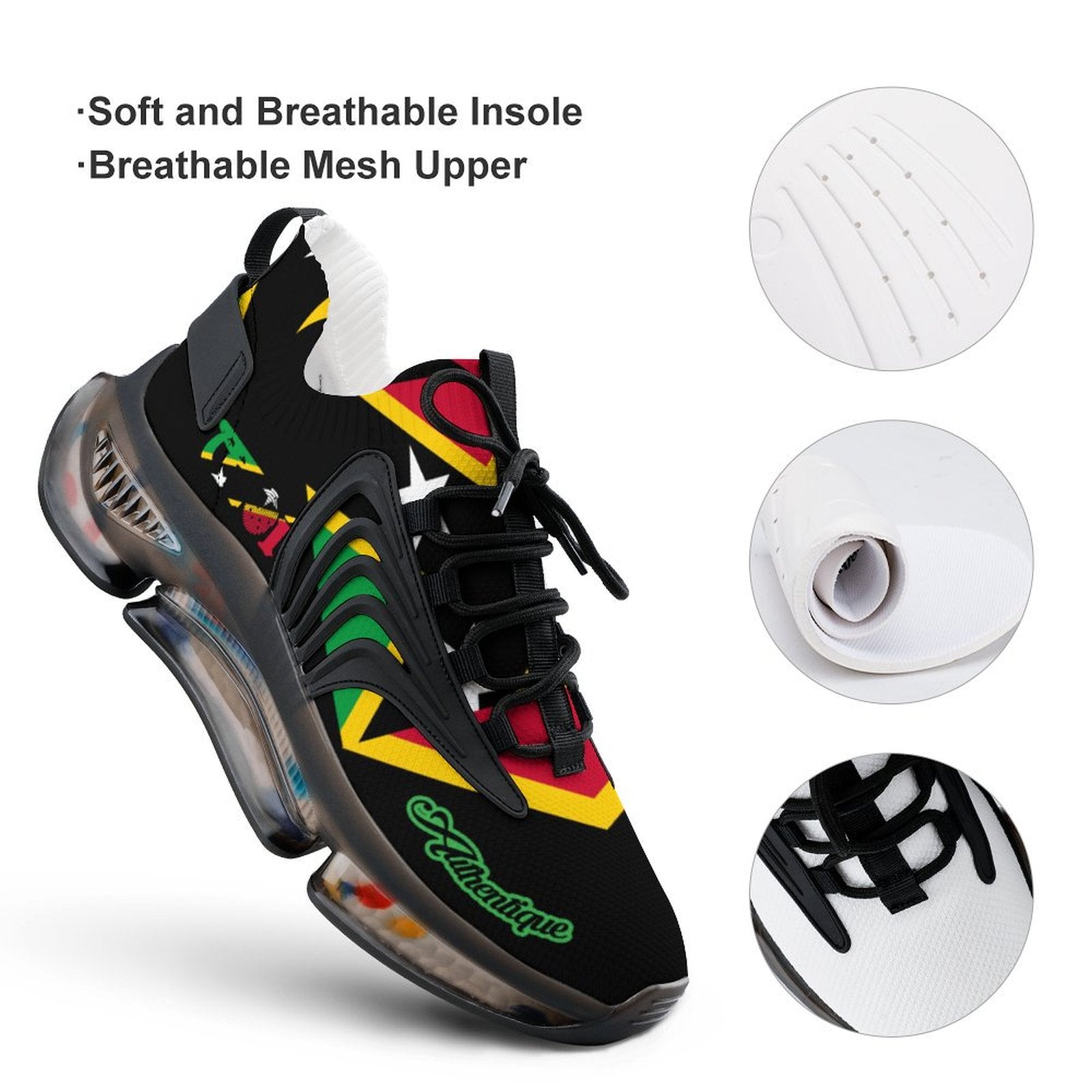 Black athletic shoe with colourful design and text, featuring soft and breathable insole and mesh upper on a white background.