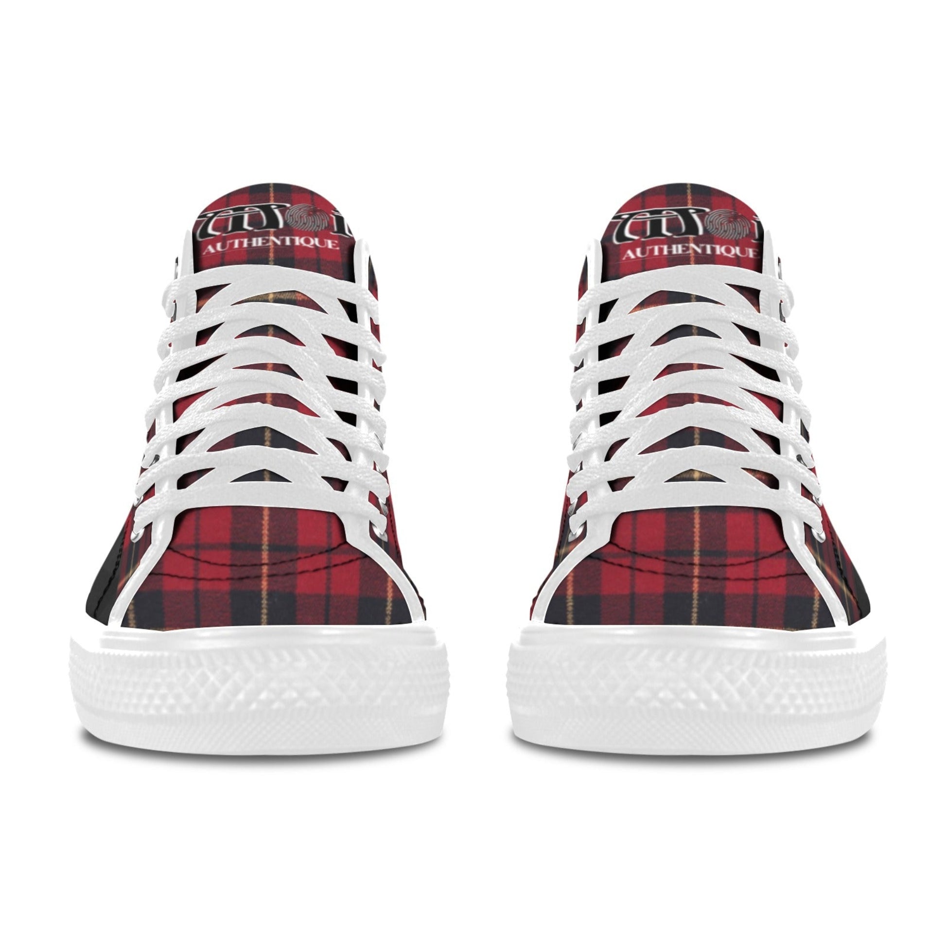 Red and black plaid sneakers with white laces on a white background