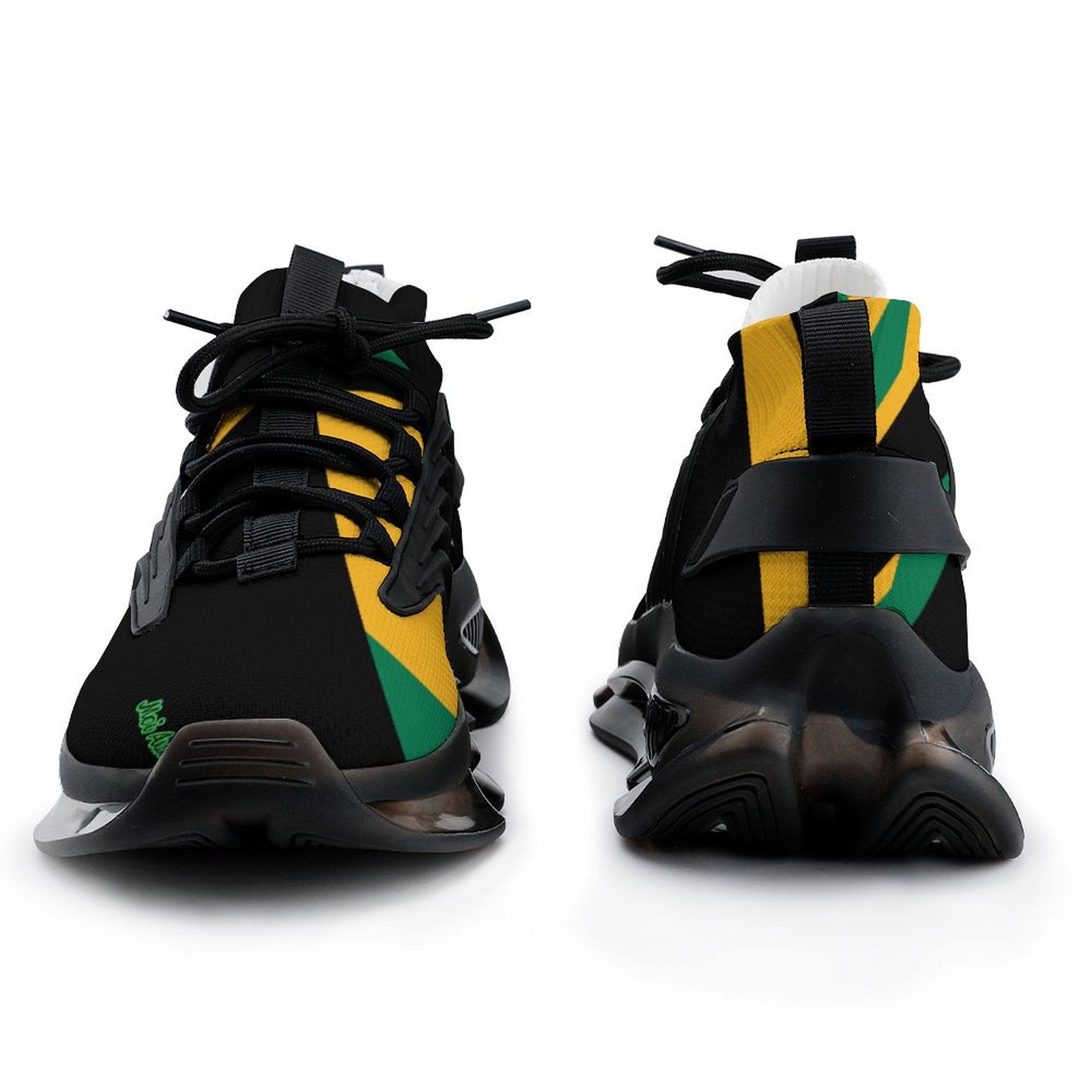 Black sneakers with yellow and green accents on a white background