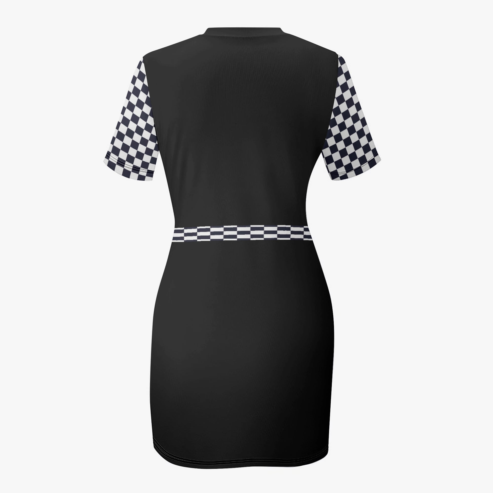Black dress with checkered sleeves and waistband on a white background