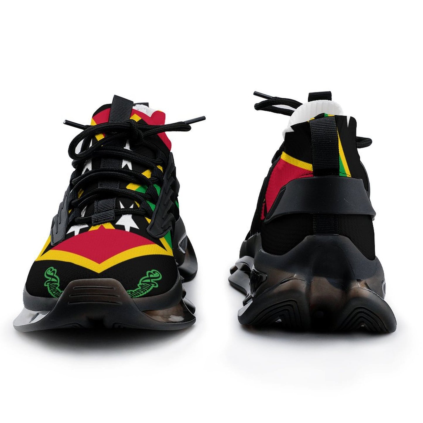 Colourful sneakers with black accents on a white background