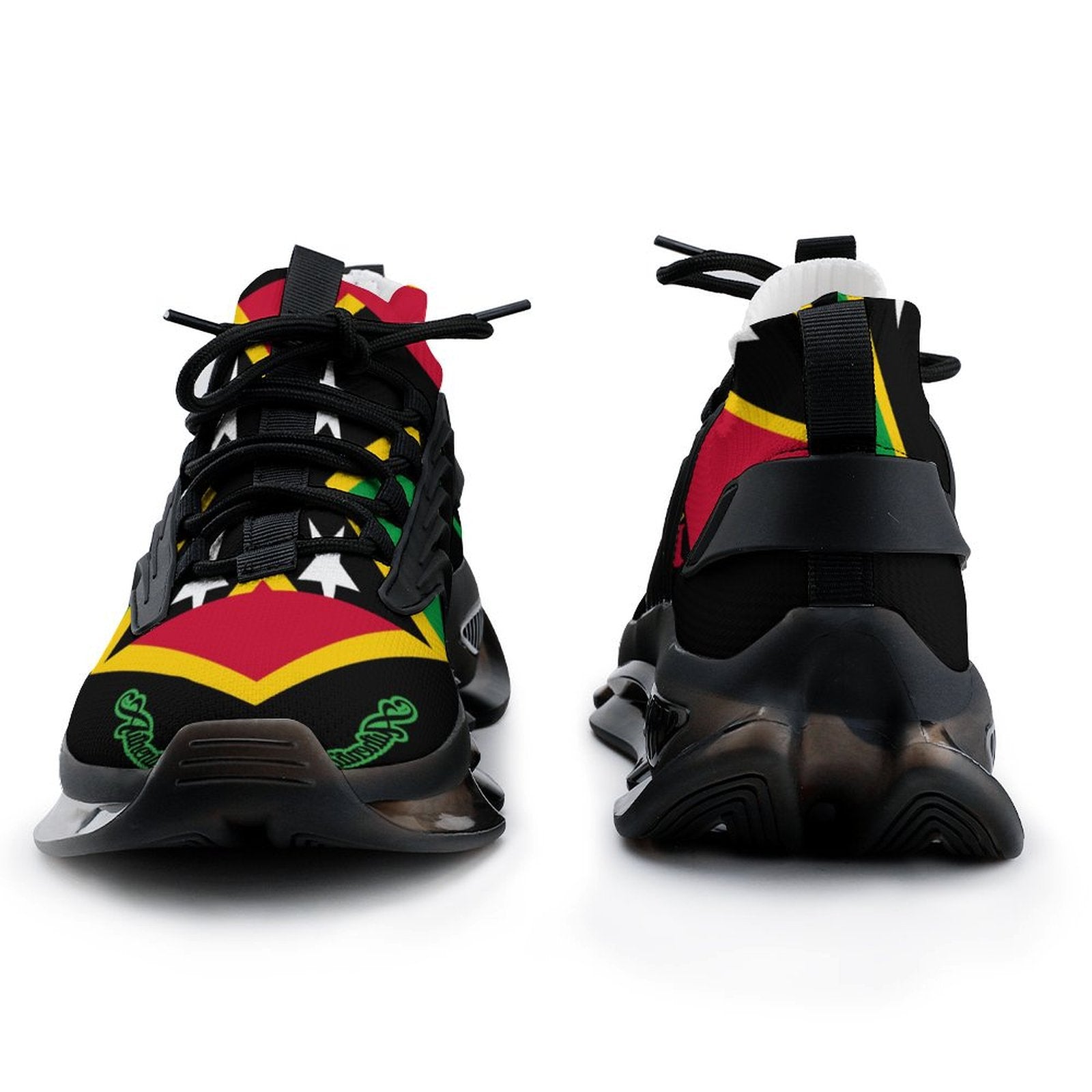 Colourful sneakers with black accents on a white background