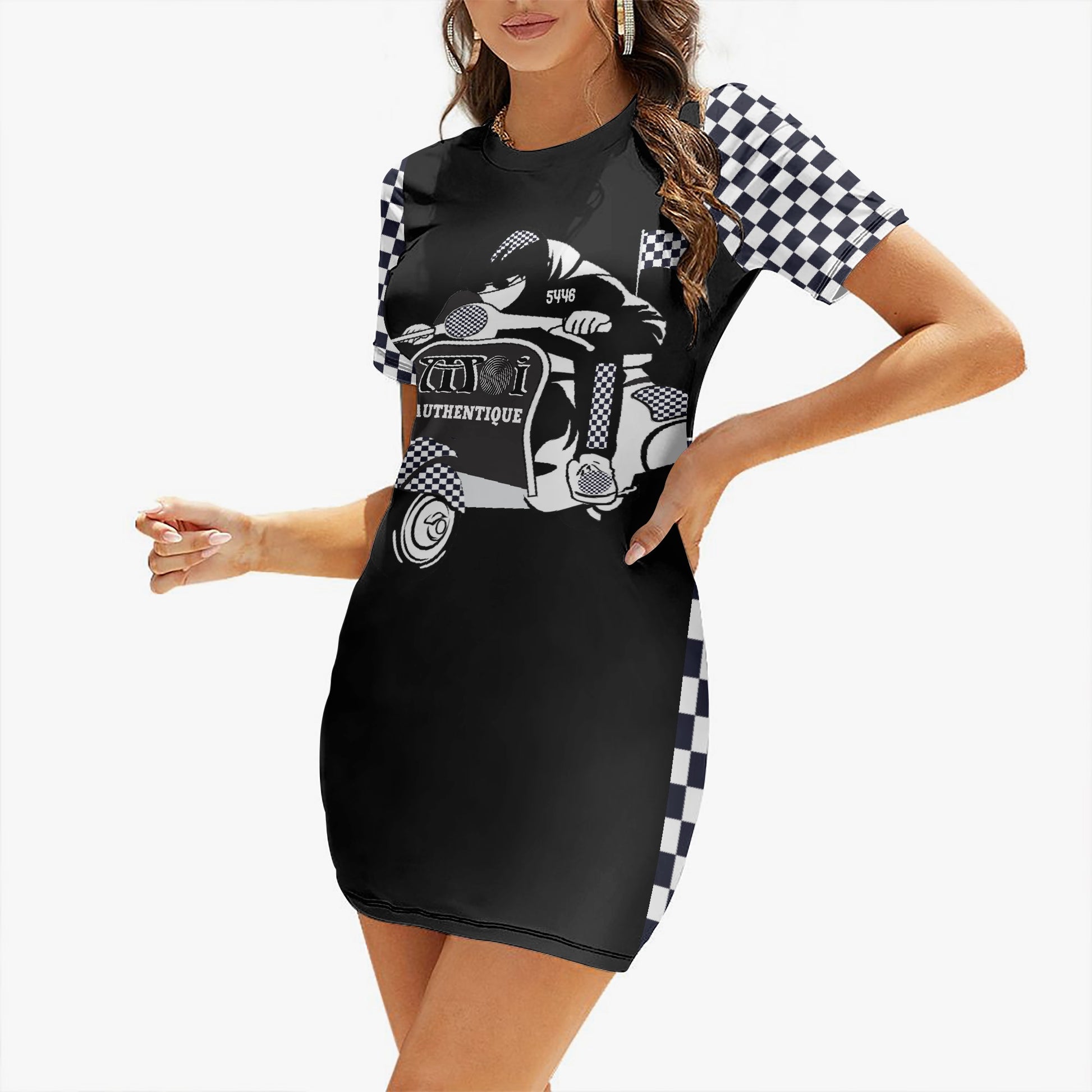 Black dress with graphic design and checkered sleeves worn by a model on a white background