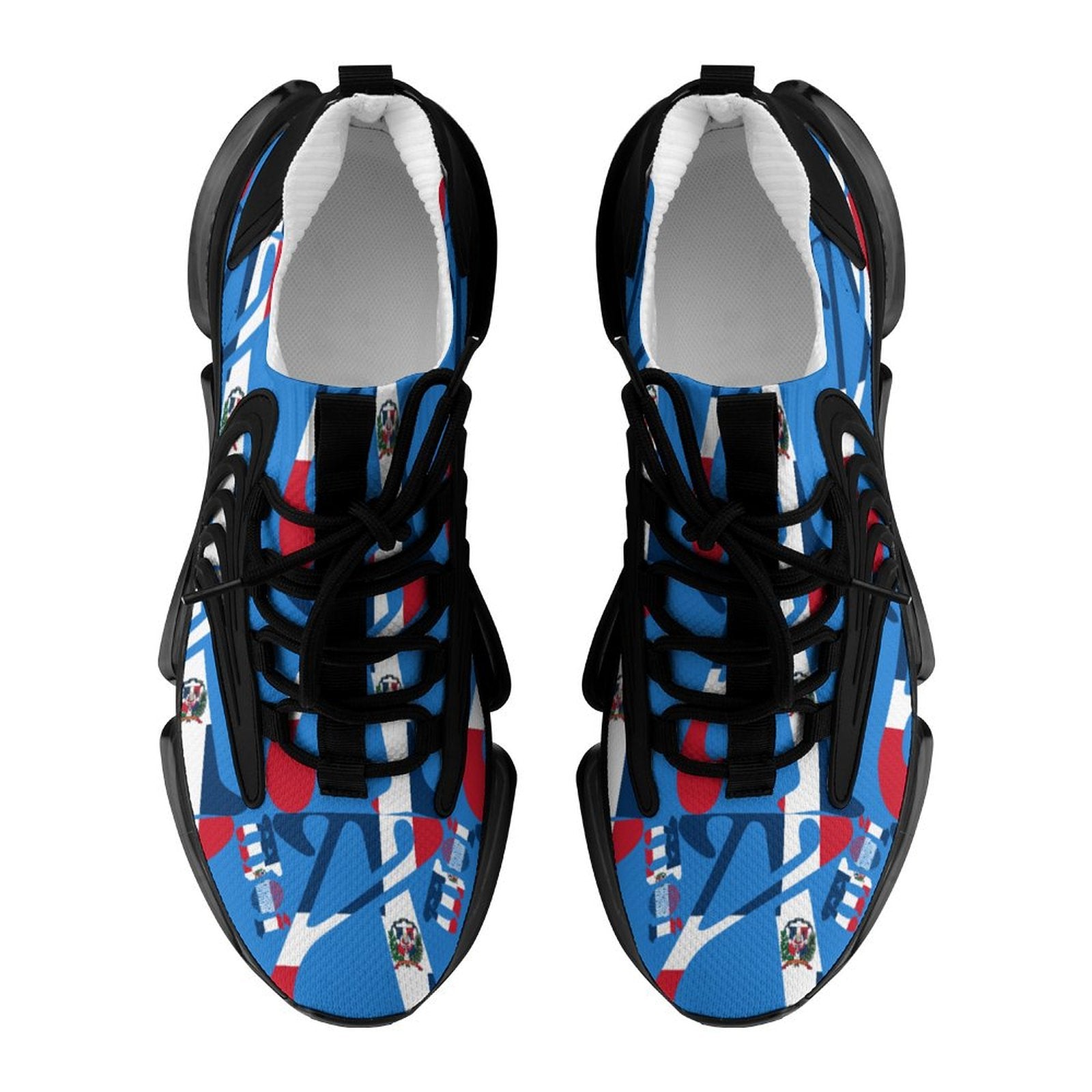 Blue sneakers with a black, red, and white pattern on a white background