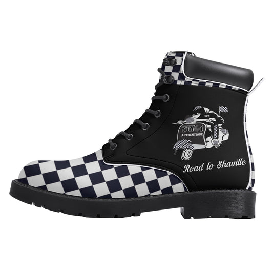Black high-top boot with a checkered pattern and graphic design on a white background