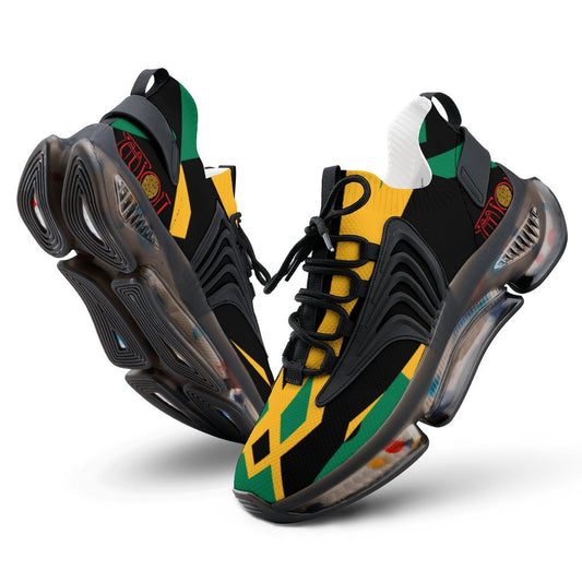 Black, yellow, and green sneakers on a white background