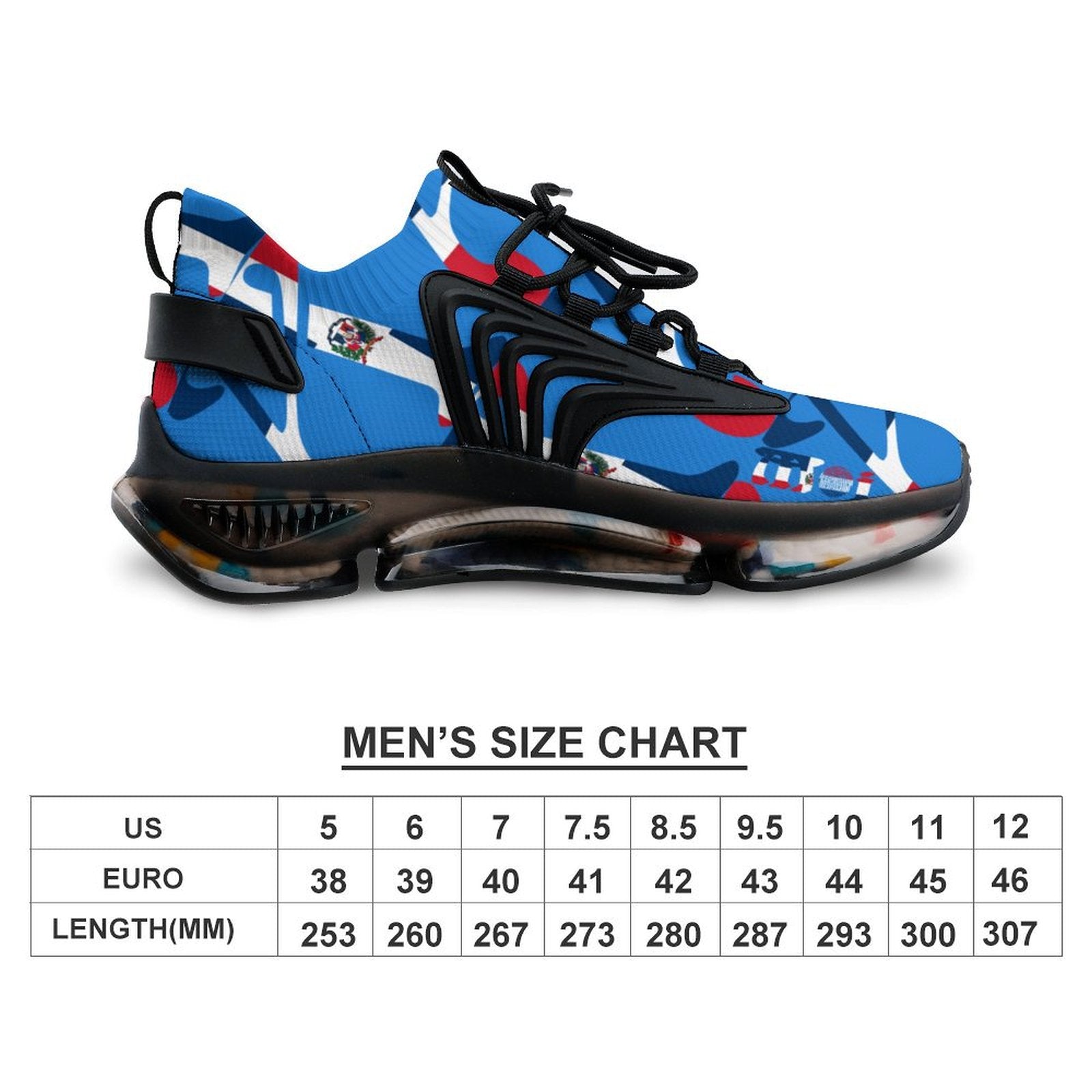 Colourful sneakers with a size chart below on a white background