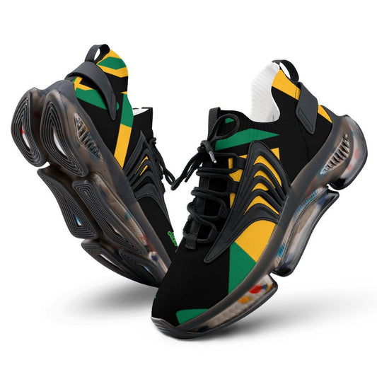 Black, yellow, and green sneakers on a white background