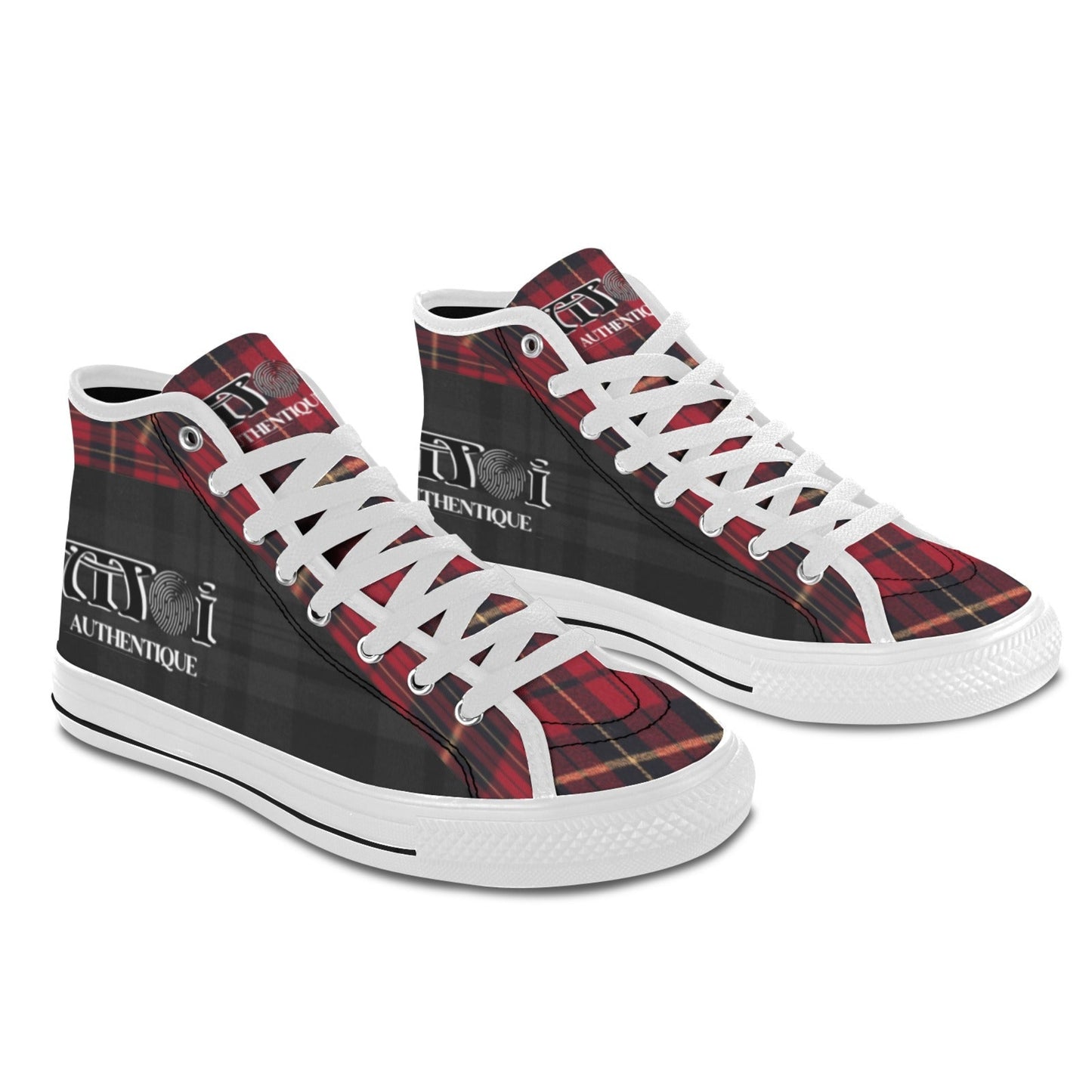 High-top sneakers with a red and black tartan pattern on a white background
