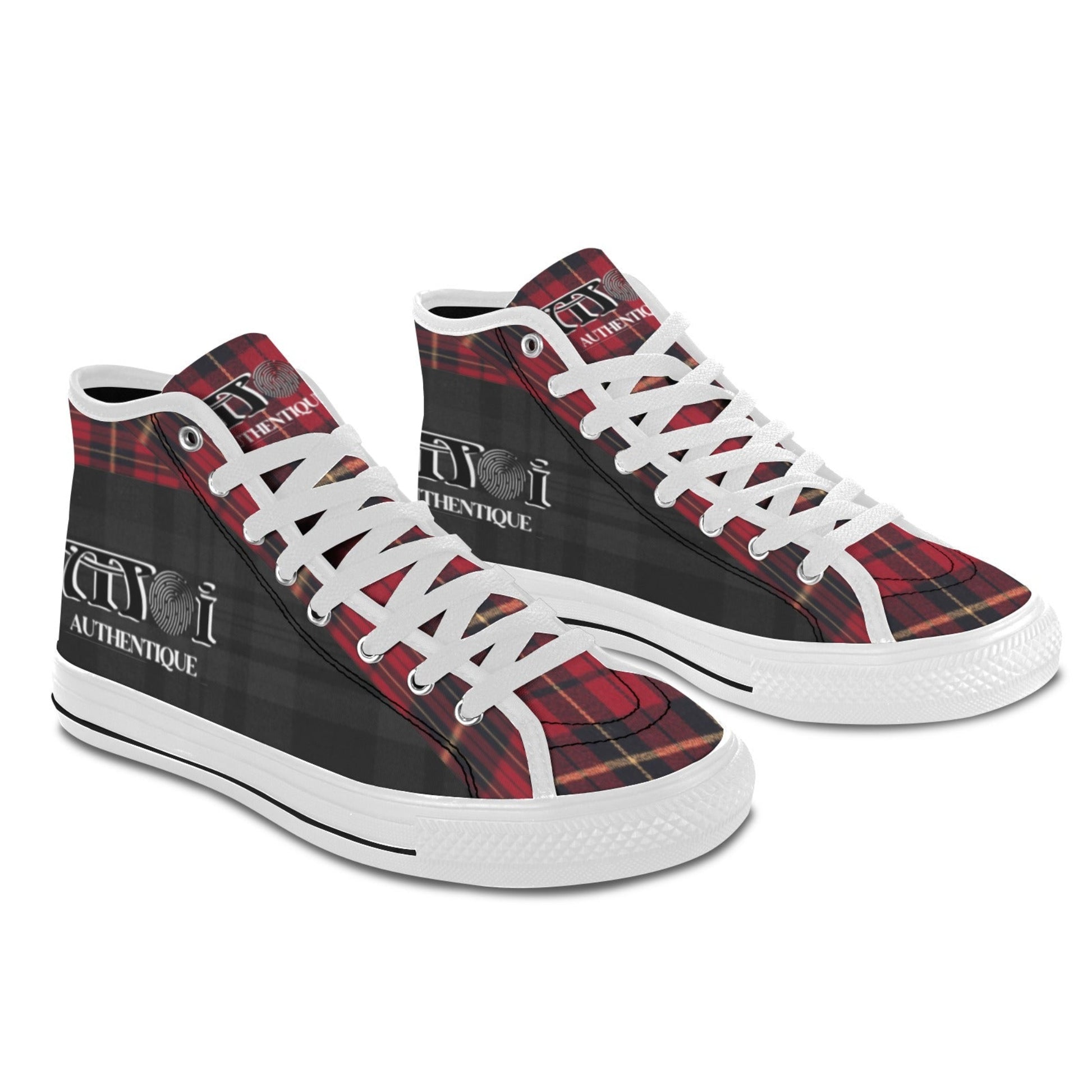 High-top sneakers with a red and black tartan pattern on a white background