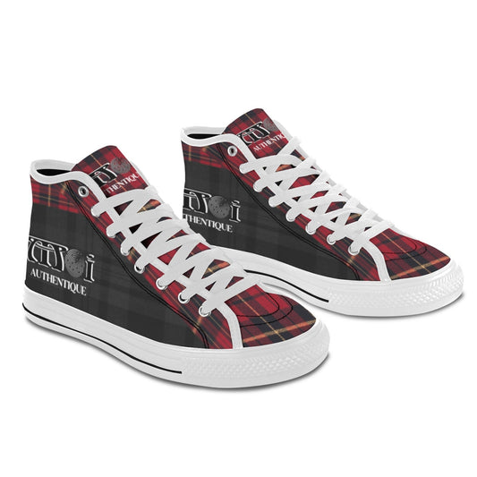 High-top sneakers with a red and black tartan pattern on a white background