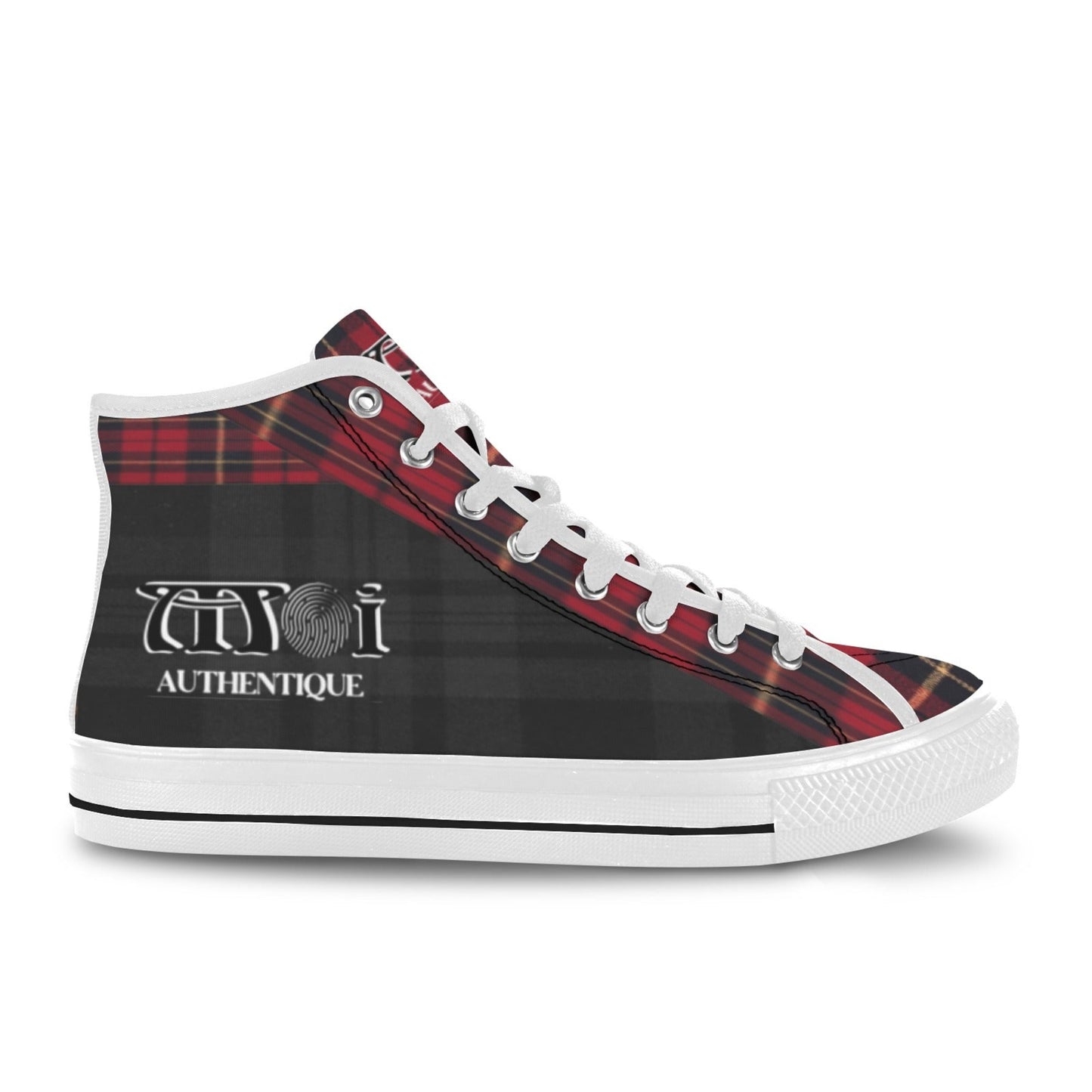 High-top sneaker with tartan pattern and 'Authentique' branding on a white background