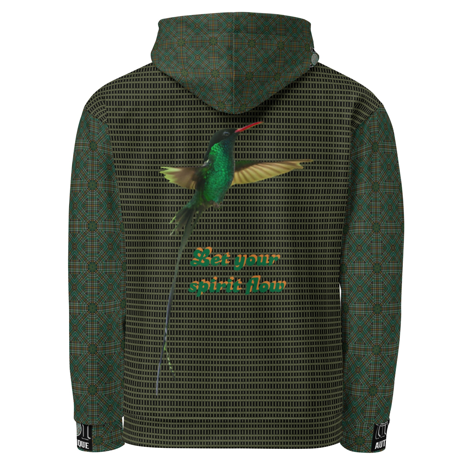 Green hoodie with a hummingbird design and text on the back against a white background