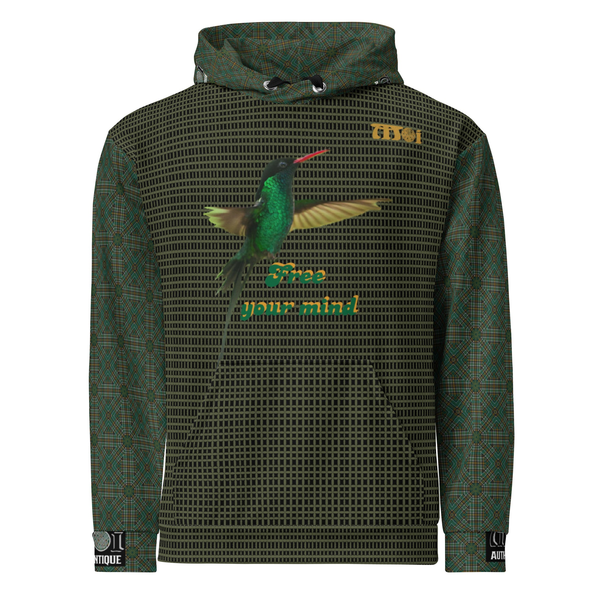 Unisex hoodie with a colourful bird print on the front, green and black striped pattern, featuring a hood, drawstrings, and a front pocket.