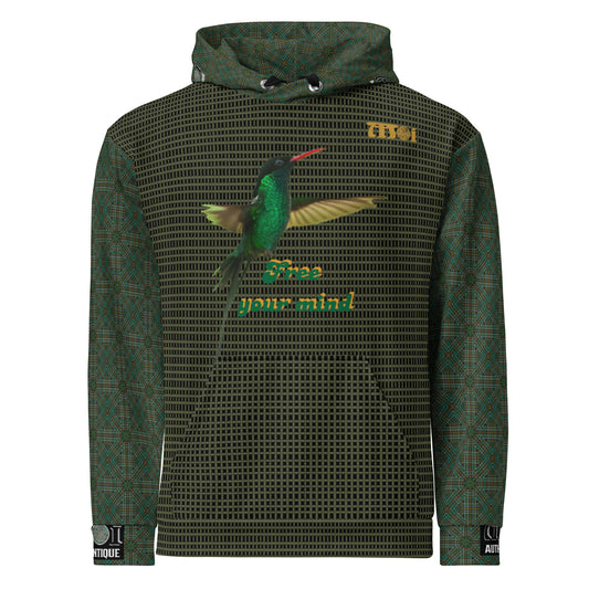 Unisex hoodie with a colourful bird print on the front, green and black striped pattern, featuring a hood, drawstrings, and a front pocket.