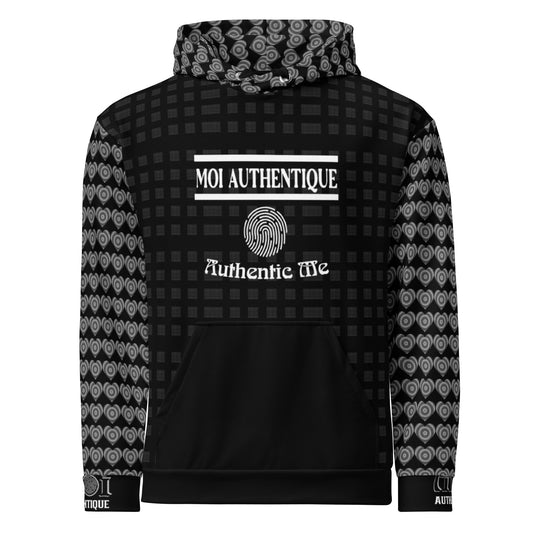 Black hoodie with patterned sleeves and 'MOI AUTHENTIQUE' text on a white background
