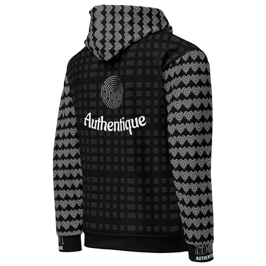 Black hoodie with patterned sleeves and 'Authentique' branding on a white background