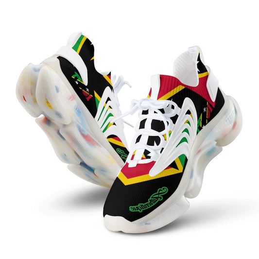 Colourful sneakers with a brand logo on a white background