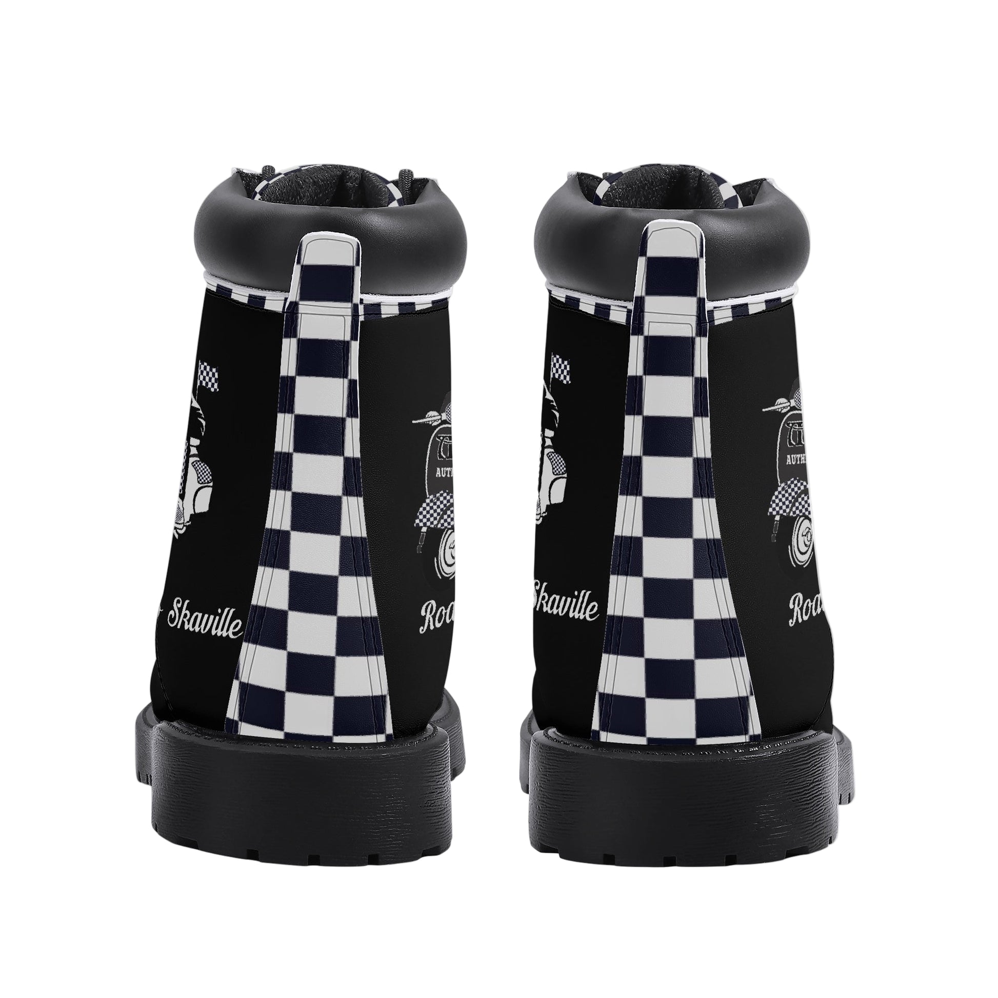 Black and white checkered high-top boots on a white background