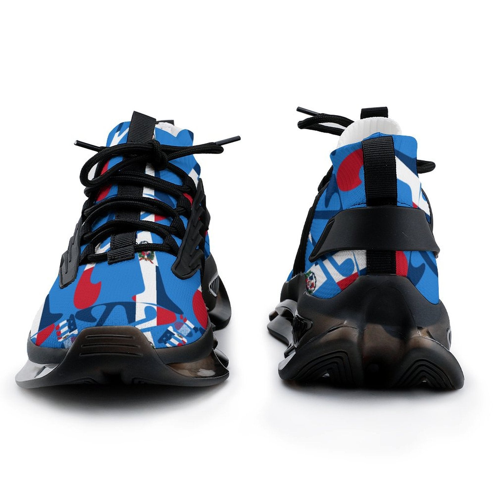 Pair of colourful sneakers with an abstract design on a white background
