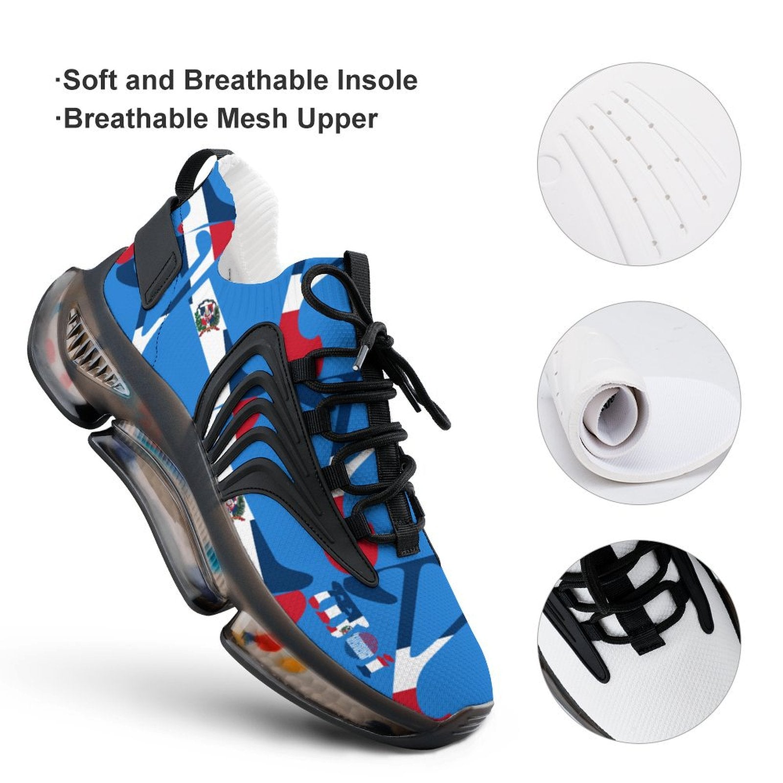 Blue athletic shoe with text about soft and breathable insole and mesh upper, on a white background.
