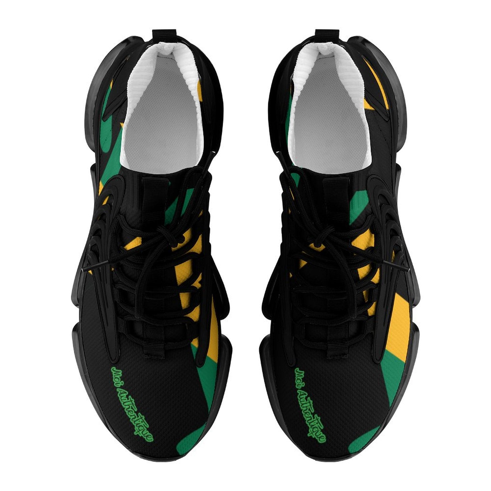 Black high-top sneakers with green and yellow accents on a white background