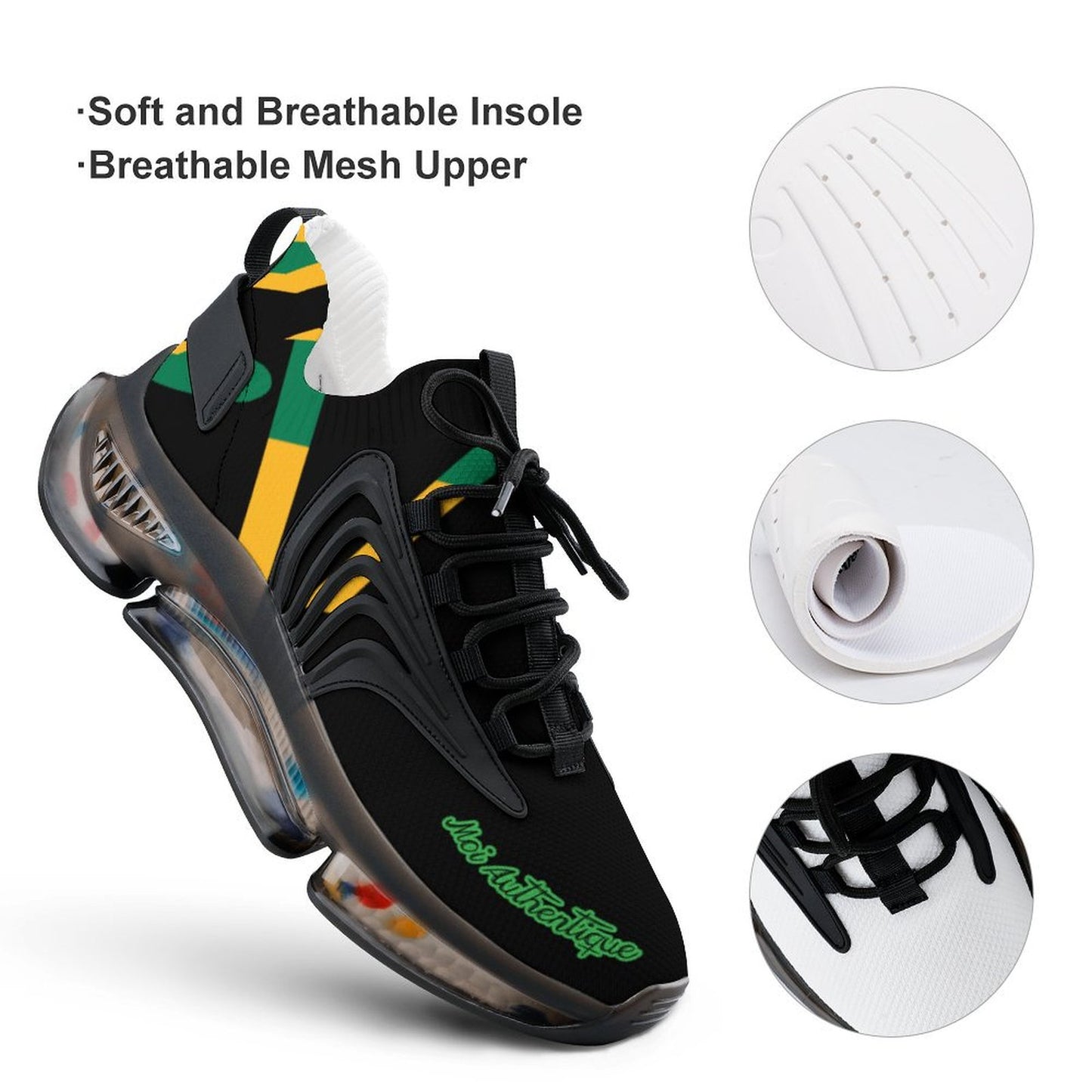Black sneaker with green and yellow accents, featuring a soft and breathable insole and mesh upper on a white background.