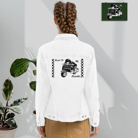 White - Front and Back Embroidered Road to Skaville Unisex Denim Jacket