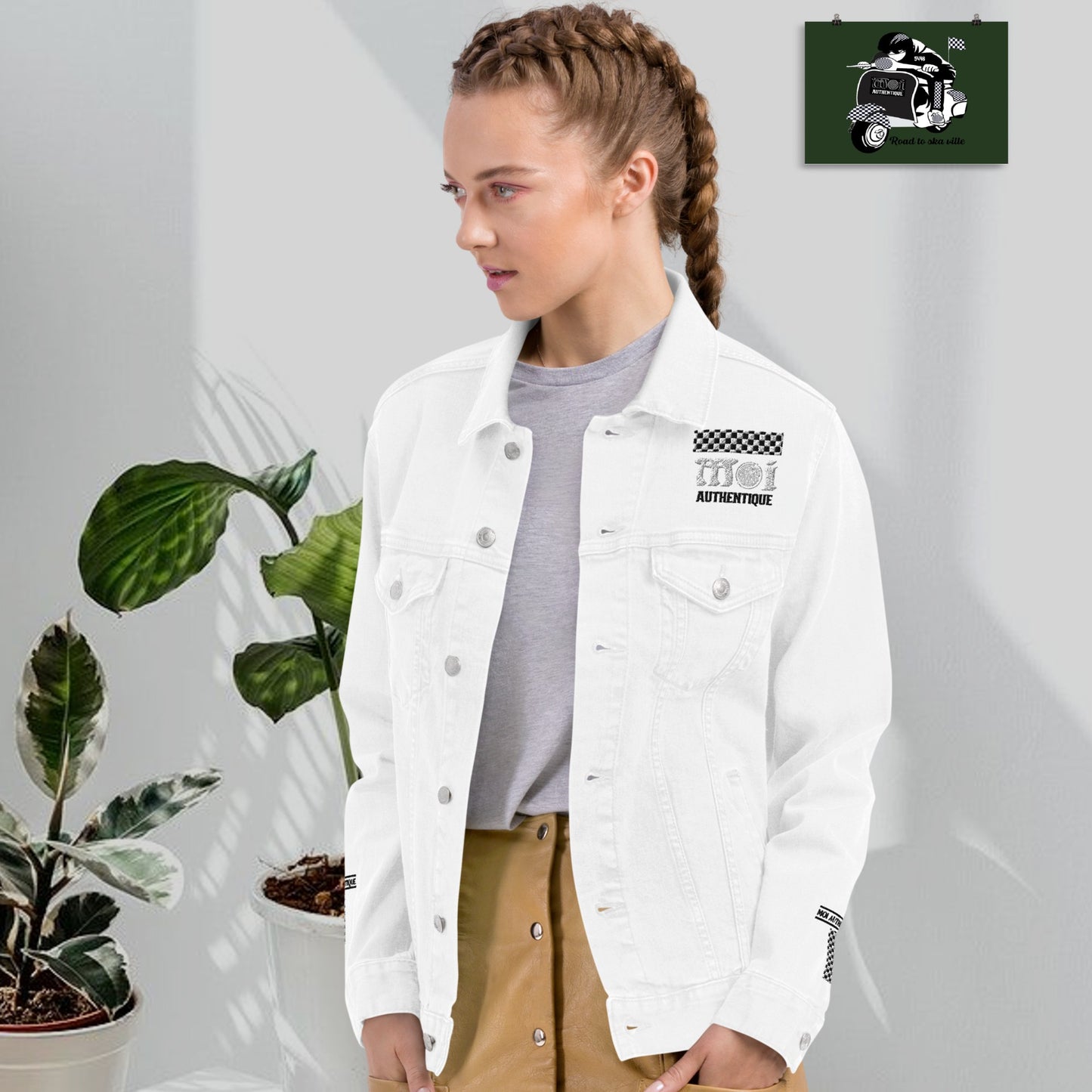 White - Front and Back Embroidered Road to Skaville Unisex Denim Jacket