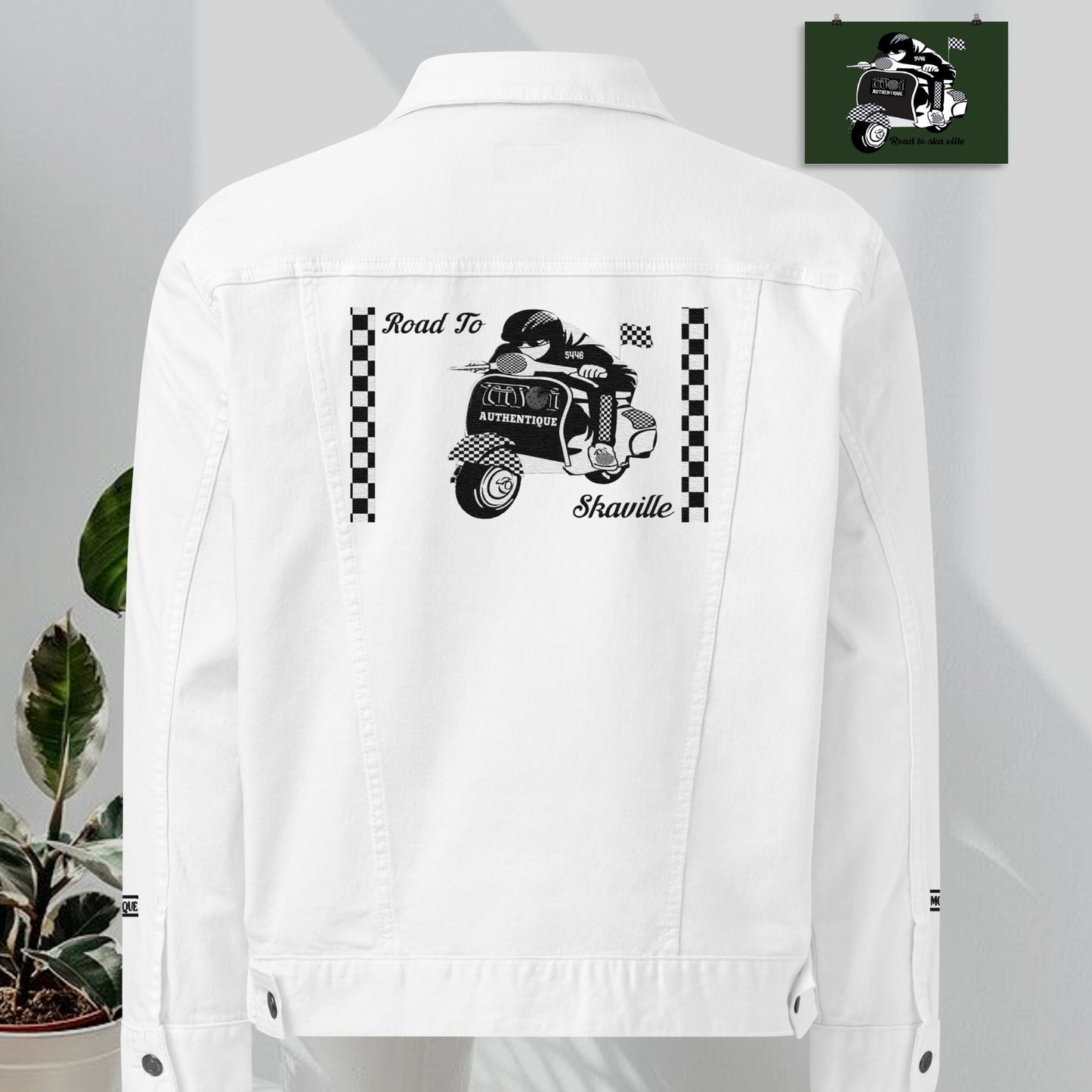 White - Front and Back Embroidered Road to Skaville Unisex Denim Jacket