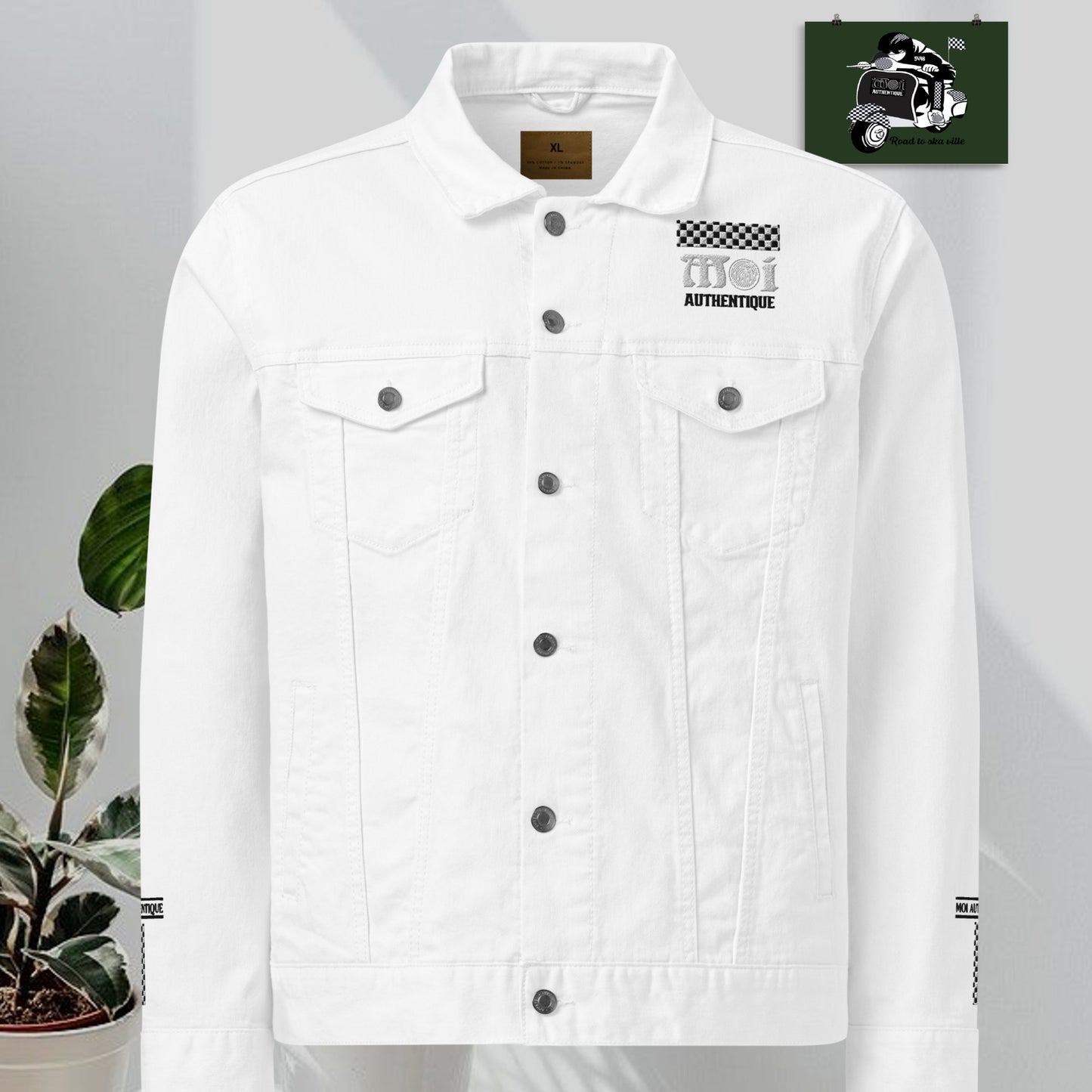 White - Front and Back Embroidered Road to Skaville Unisex Denim Jacket