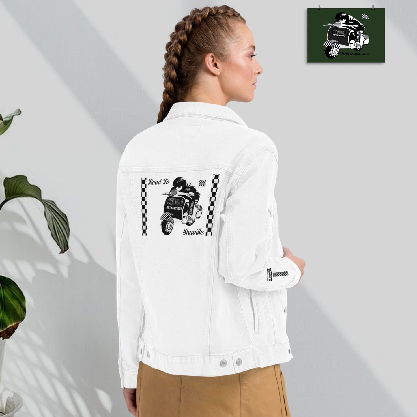 White - Front and Back Embroidered Road to Skaville Unisex Denim Jacket