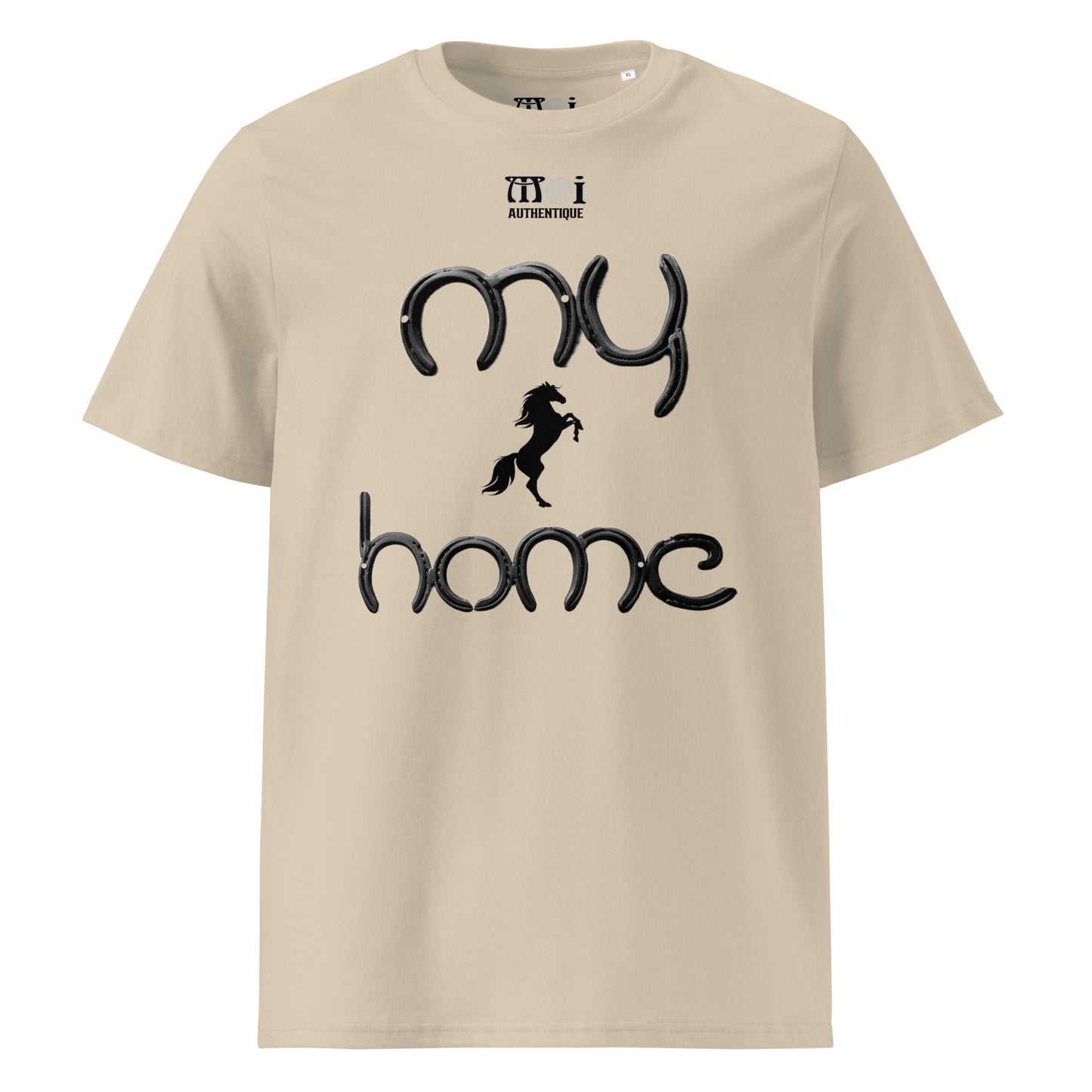 mage showing beige t-shirt with the wording my home and a small image of a horse.