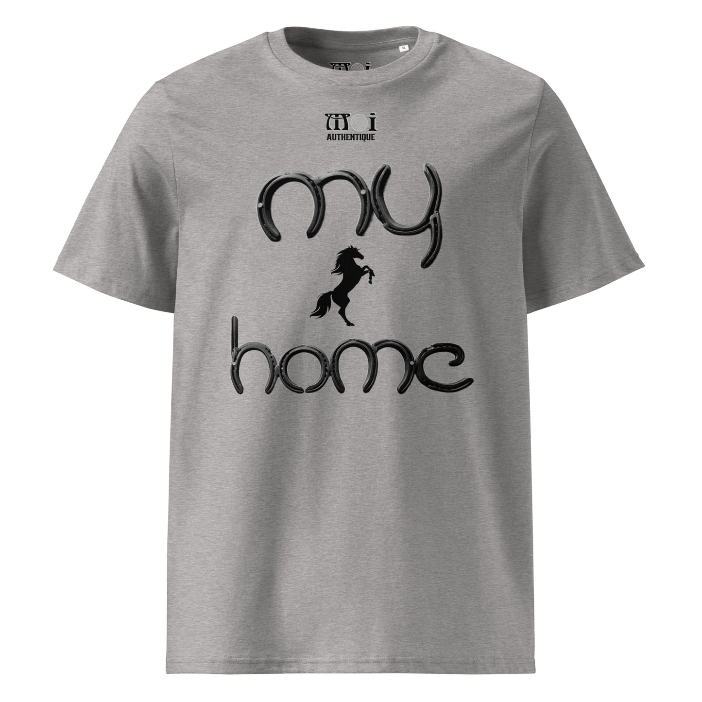 mage showing light grey t-shirt with the wording my home and a small image of a horse.